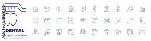 Dental icons collection. Thin Line icons, editable stroke. dental, dental drill, dentist, folder, implant, mouthwash, tooth, calendar, dental floss, dental implant
