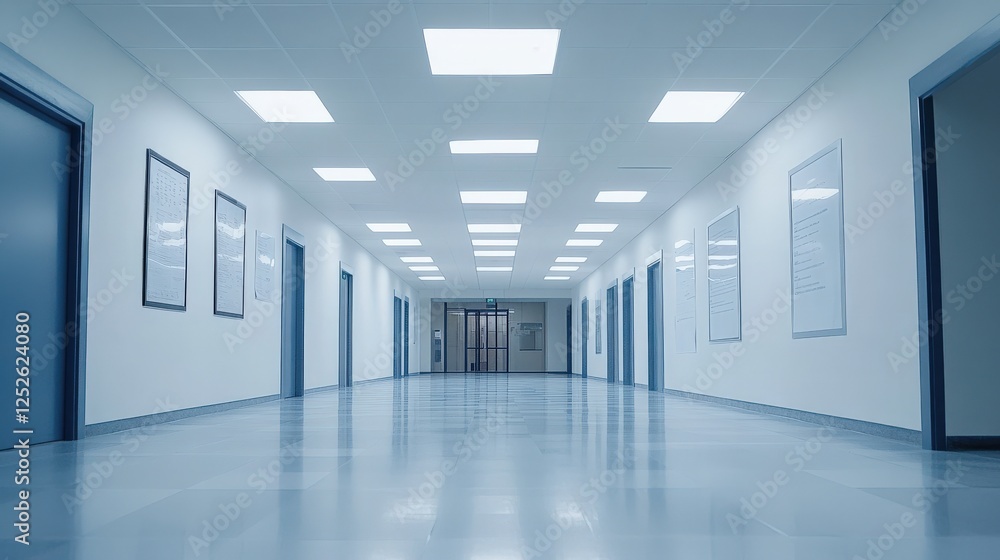 Monochromatic hospital corridor with doors and framed notices leading to a central gate area Monochromatic hospital corridor with doors and framed notices leading to a central gate area