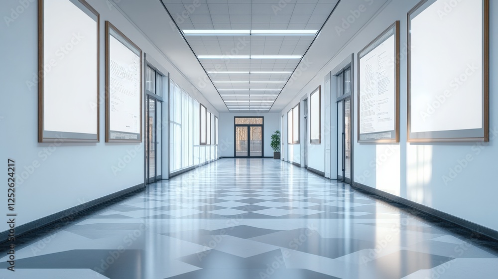 Obraz premium Contemporary Hallway with Gallery Displays and Geometric Floor Design for Modern Interior Spaces