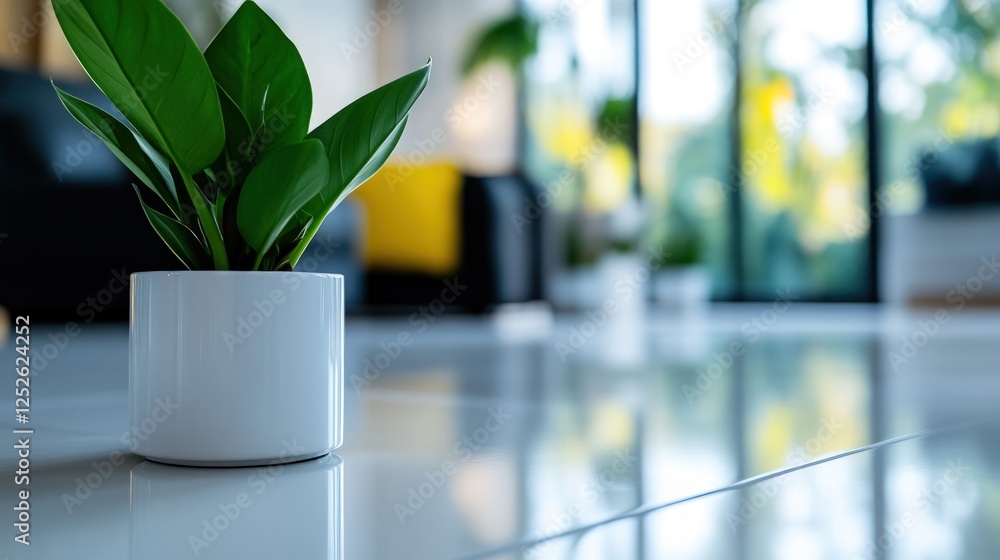 Modern home plant pot, sleek floor, blurred living room, sunlight Modern home plant pot, sleek floor, blurred living room, sunlight