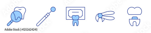 magnifying glass, tooth pliers, dental implant, mirror, dentist. Dental Icon vector illustration. Line Duotone style. Editable stroke