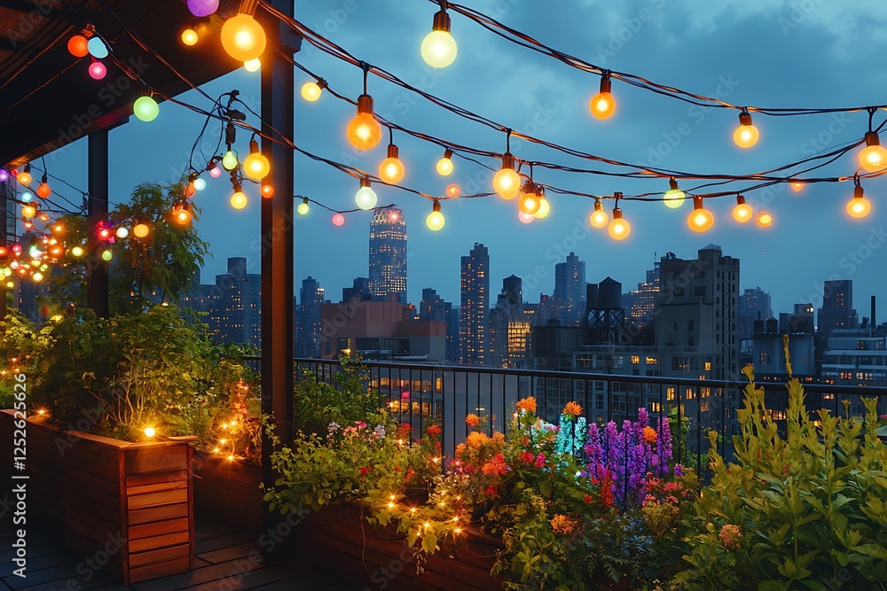 Naklejka premium A rooftop garden overlooking a city , adorned with vibrant string lights that create an inviting atmosphere for evening gatherings.