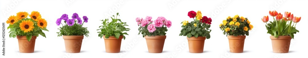 Colorful potted flowers, white background, gardening, spring Colorful potted flowers, white background, gardening, spring