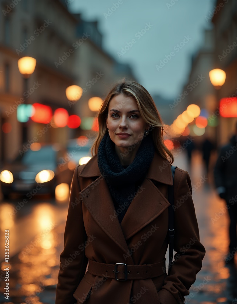 A stylish woman stands confidently on a wet, evening city street, wearing a chic trench coat and scarf. The warm glow of streetlights reflects off the pavement, creating a moody and atmospheric urban A stylish woman stands confidently on a wet, evening city street, wearing a chic trench coat and scarf. The warm glow of streetlights reflects off the pavement, creating a moody and atmospheric urban