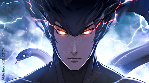 Man with red eyes and lightning in the background with a fierce anime-style cobra with its hood spread wide staring intensely photo