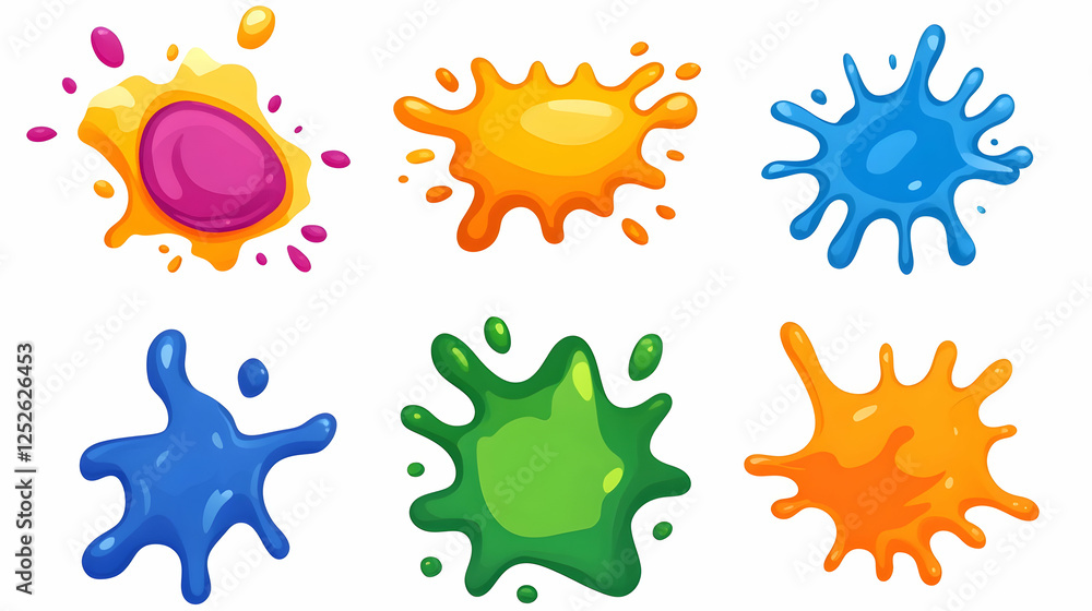Colorful paint splatters, design elements, white background, graphic design Colorful paint splatters, design elements, white background, graphic design