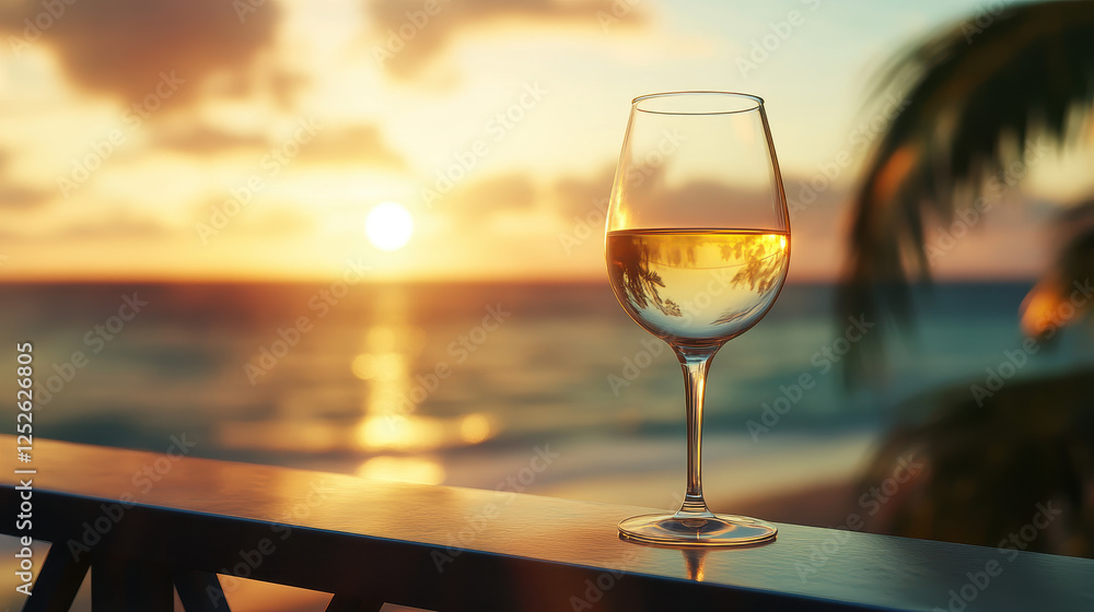 Obraz premium A glass of wine on the balcony overlooking an ocean view at sunset