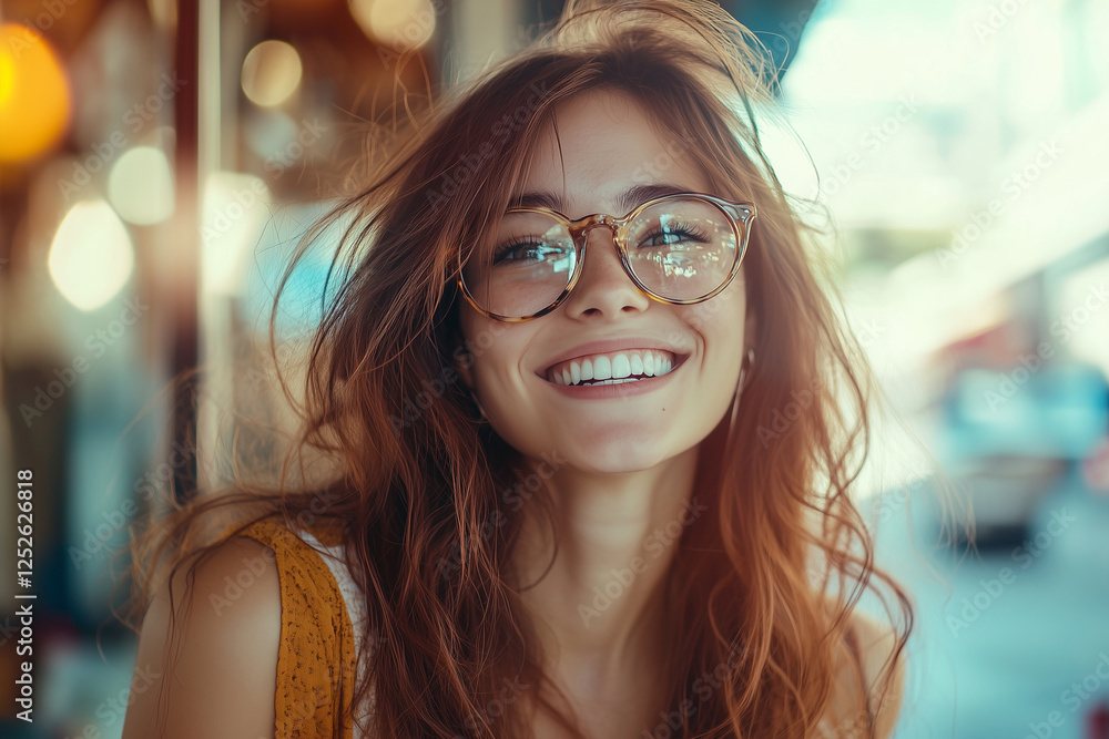 woman with glasses and red hair is smiling. She is wearing a yellow shirt. Concept of happiness and warmth woman with glasses and red hair is smiling. She is wearing a yellow shirt. Concept of happiness and warmth