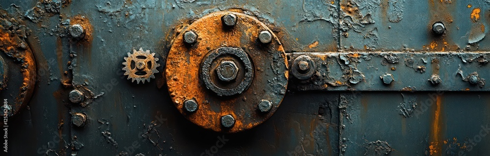 Industrial Wonders: Brushed Metal and Textures with Gears, Bolts, and Rust - A Cool-Toned Composition of Factory Intricacies. Industrial Wonders: Brushed Metal and Textures with Gears, Bolts, and Rust - A Cool-Toned Composition of Factory Intricacies.