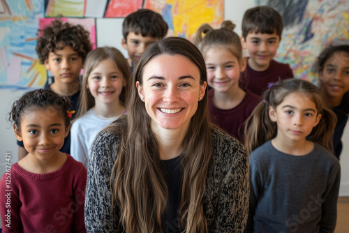 woman with long hair is smiling at a group of children. The children are all smiling back at her