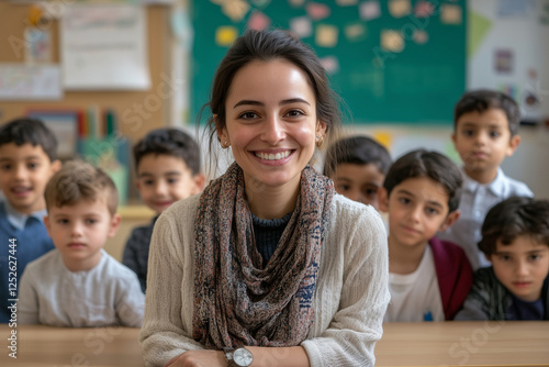  woman is smiling at a group of children. The children are sitting at a desk. The woman is wearing a scarf