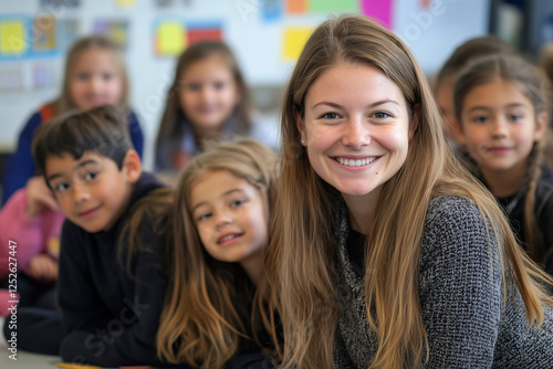  teacher is smiling at a group of children. The children are sitting in a row and looking at the camera