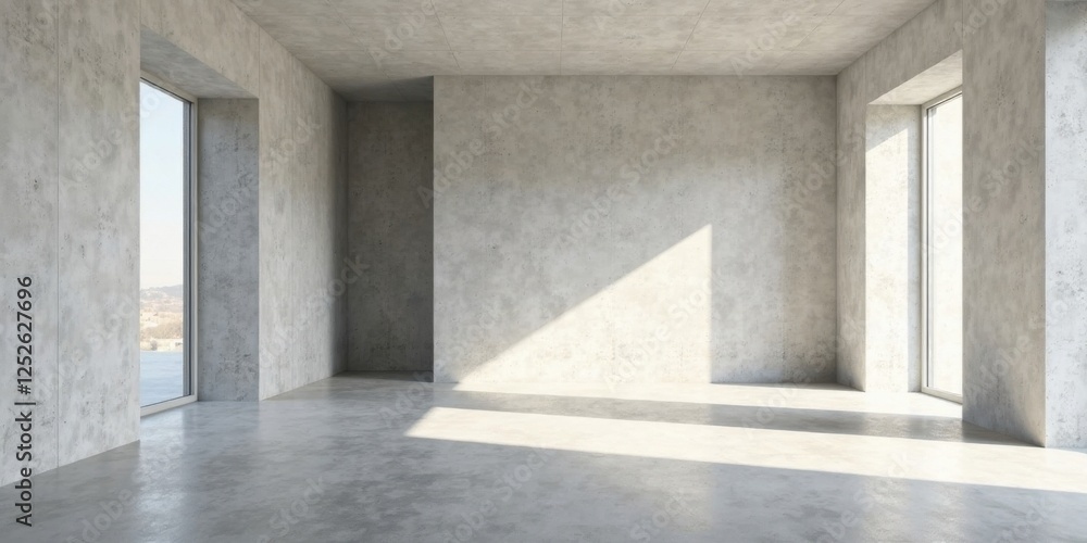Empty Room with Concrete Walls and Large Windows, Sunlit Interior Space, Minimalist Design Empty Room with Concrete Walls and Large Windows, Sunlit Interior Space, Minimalist Design