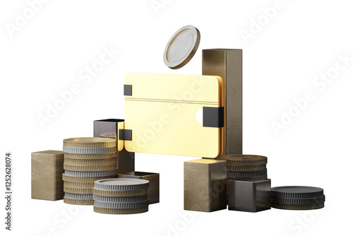 Modern digital wallet concept with a glowing gold card, stacked coins, and graph, representing online banking, secure transactions, and cashless payments in a futuristic financial. 3d rendering photo