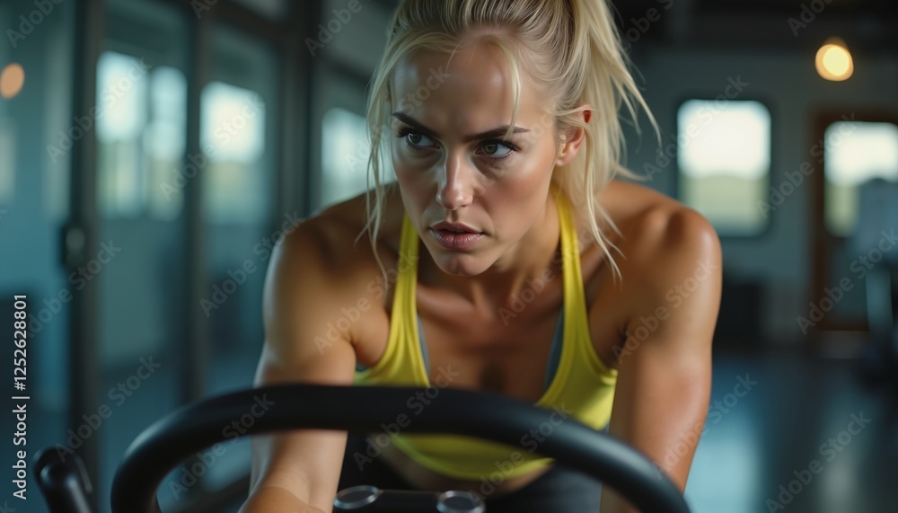 Obraz premium Focused young woman in gym working out on exercise bike, indoor fitness motivation