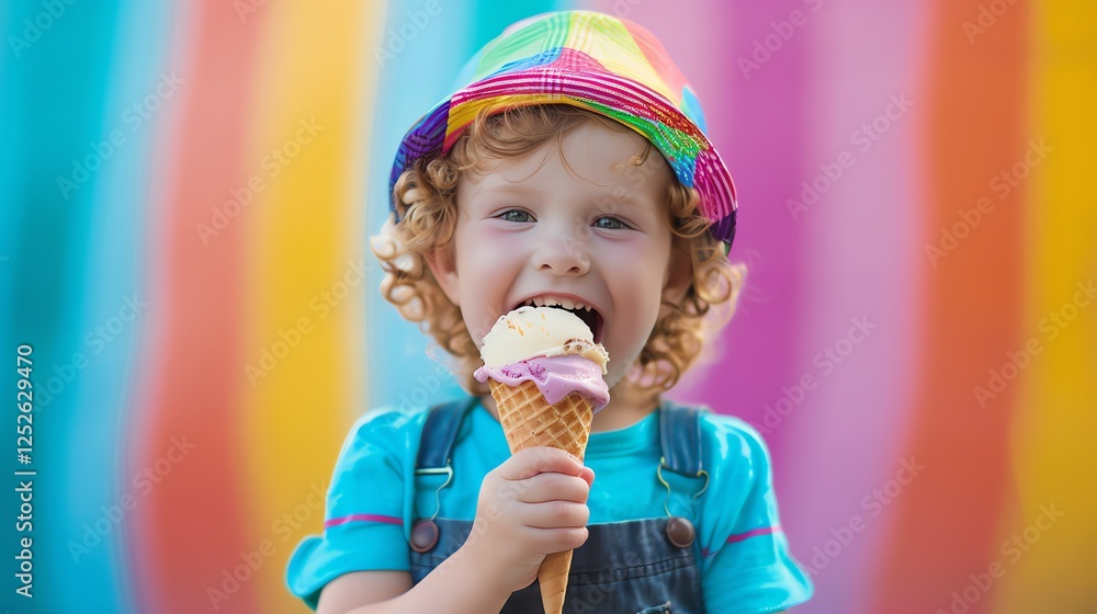A young boy with curly blonde hair smiles and enjoys a scoop of ice cream in a waffle cone. A young boy with curly blonde hair smiles and enjoys a scoop of ice cream in a waffle cone.