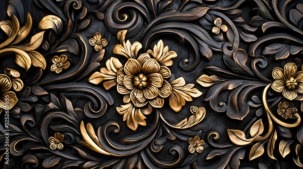 Intricate Floral Carving Design with Golden Accents on Black Surface Intricate Floral Carving Design with Golden Accents on Black Surface