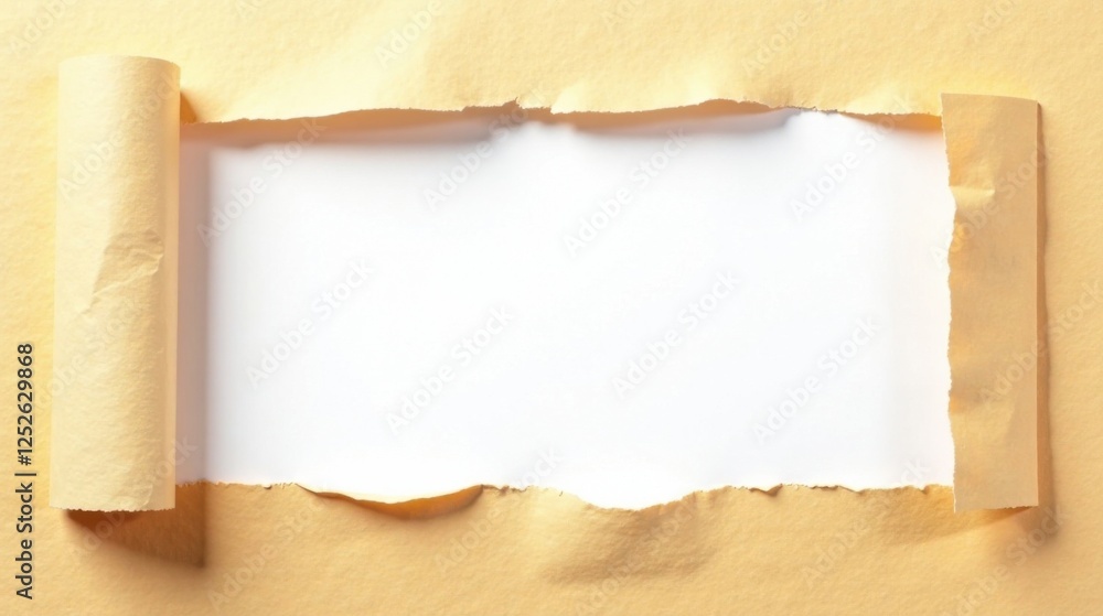 Fototapeta premium A Rolled-Up Pale Yellow Paper with a Torn Rectangular Opening Revealing a Blank White Background