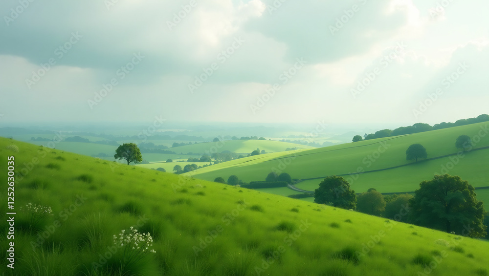 Fototapeta premium Green Rolling Hills with Cloudy Sky Copy Space