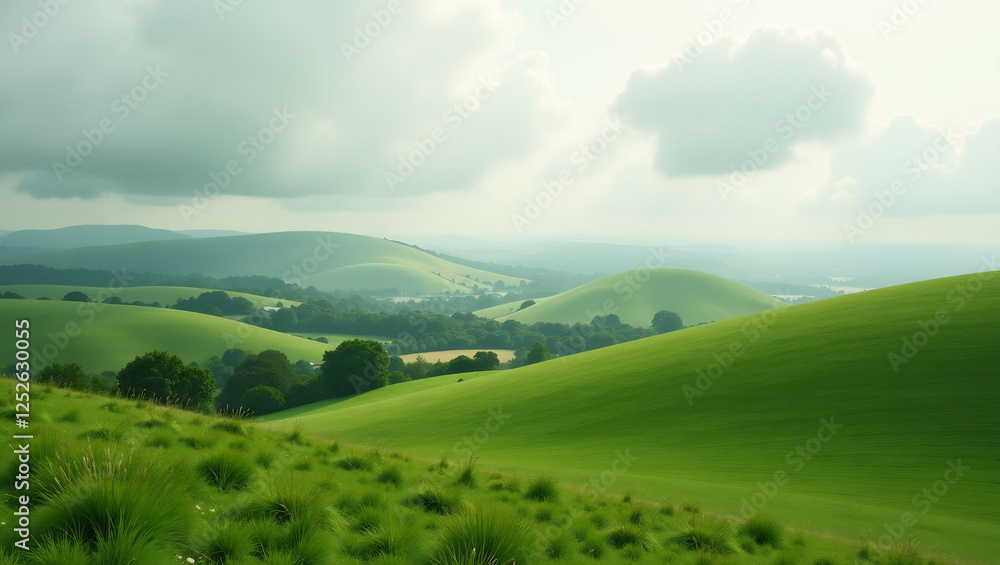Obraz premium Green Rolling Hills with Cloudy Sky Copy Space