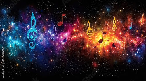 Colorful music notes float in vibrant nebula space background, ideal for music-themed projects