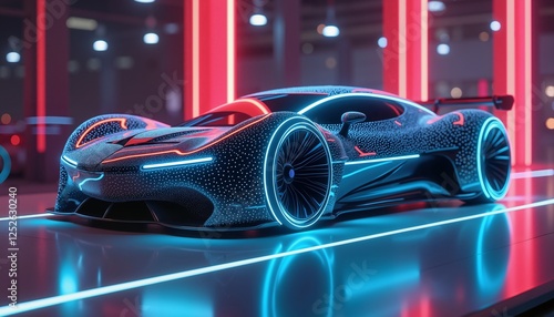 Futuristic sports car in neon lights, cyberpunk style, modern technology showcase