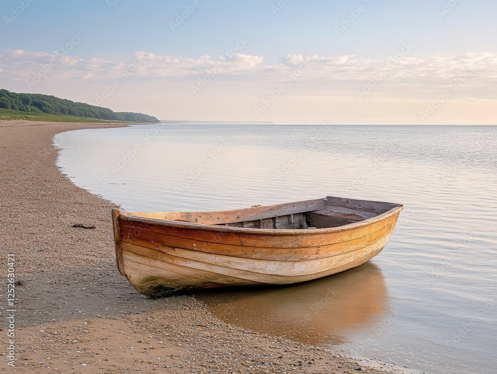 Wooden Rowboat on Sandy Beach at Sunset Wooden Rowboat on Sandy Beach at Sunset
