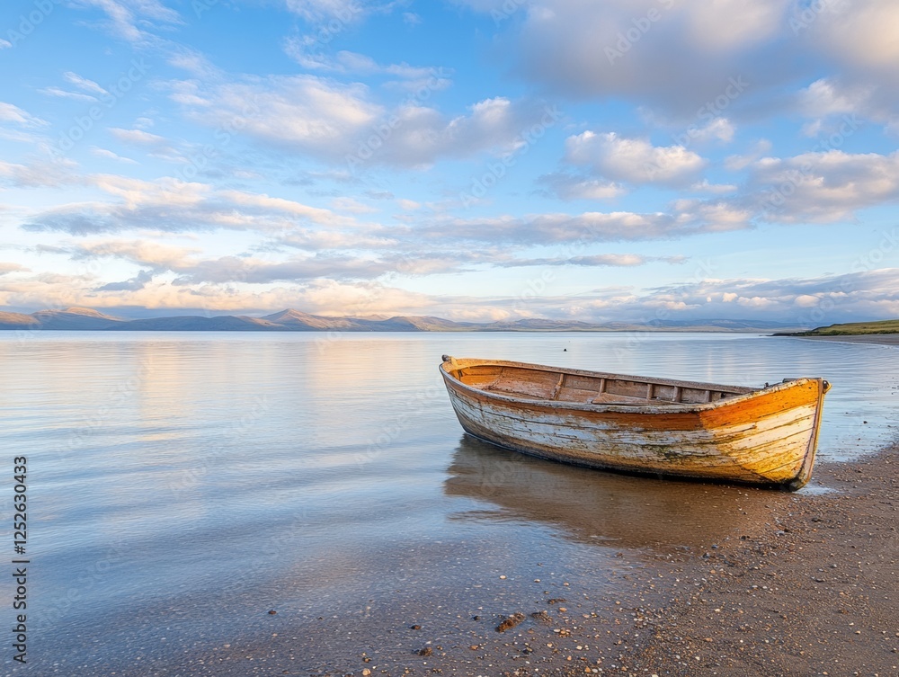 Serene Sunset Old Wooden Rowboat on a Calm Shore. Serene Sunset Old Wooden Rowboat on a Calm Shore.