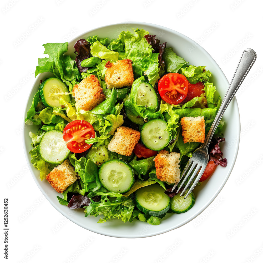 Isolated Close-Up of Green Salad with Cucumbers, Tomatoes, Croutons, and Fork Isolated Close-Up of Green Salad with Cucumbers, Tomatoes, Croutons, and Fork