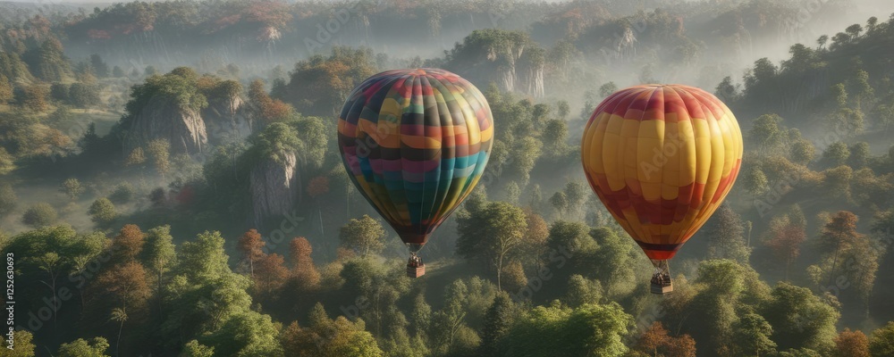 Fototapeta premium Hot air balloon with colorful stripes rises above the treetops, outdoor adventure, nature, explore