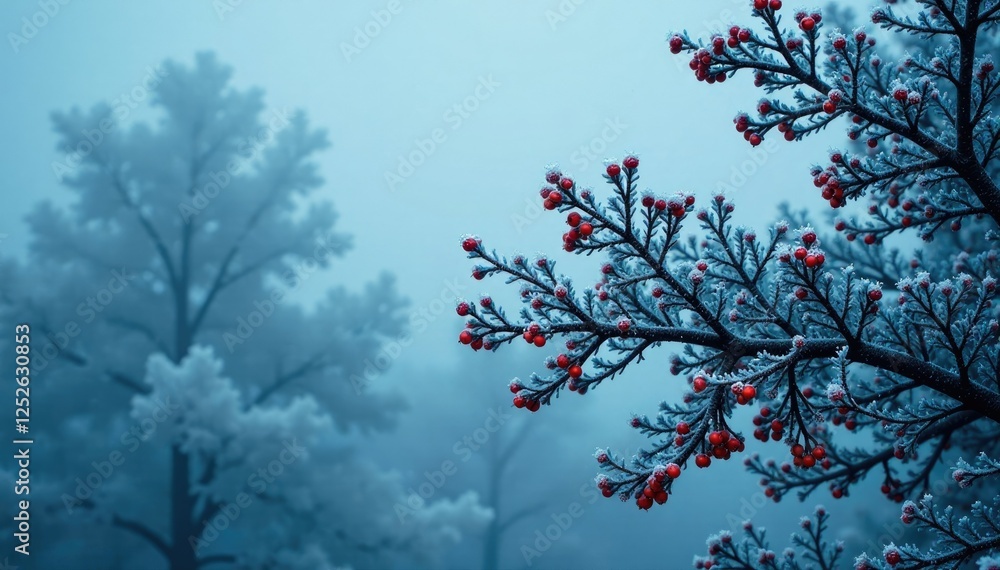 Icy blue mist coats dark green chokeberry branches, frozen foliage, frosty tree Icy blue mist coats dark green chokeberry branches, frozen foliage, frosty tree