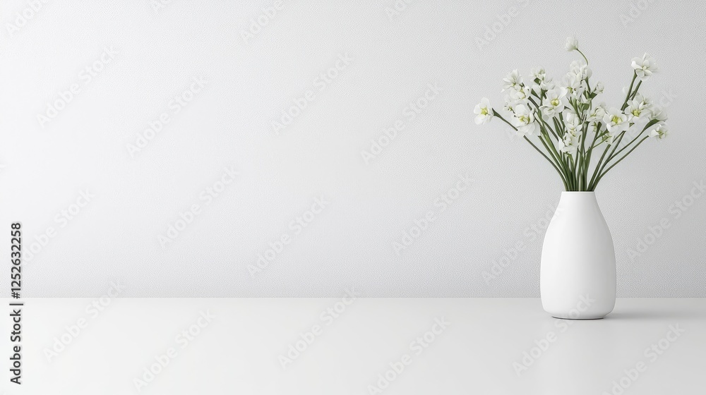 White vase with flowers on a white surface White vase with flowers on a white surface
