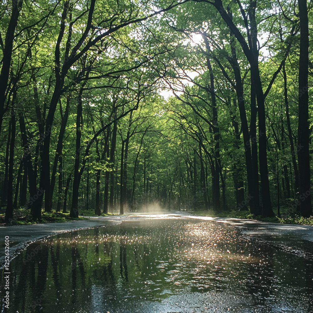 Obraz premium Sunlit forest road after rain with puddle reflection
