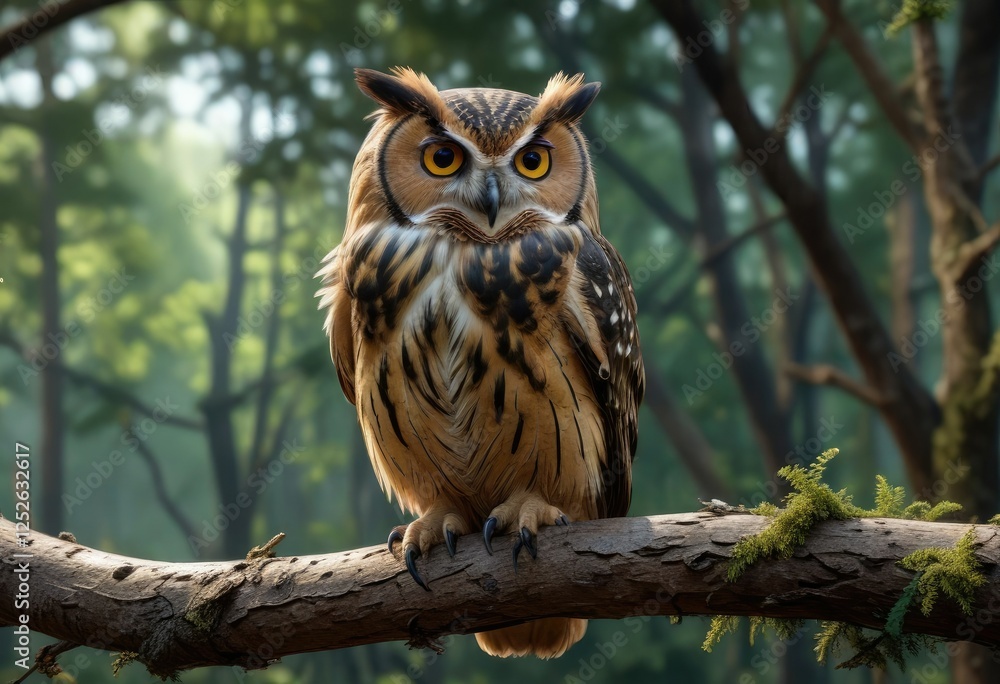 Large owl with rounded head and ear tufts perched on a branch in the forest canopy, tree branches, woodland creatures, hooting bird Large owl with rounded head and ear tufts perched on a branch in the forest canopy, tree branches, woodland creatures, hooting bird