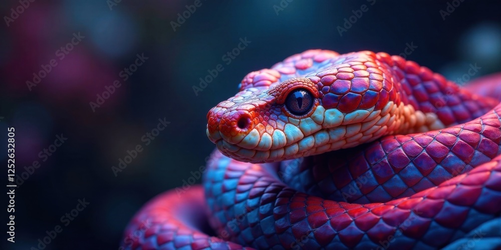 Fototapeta premium A vibrant red and blue snake, coiled and resting, showcases intricate scales and a captivating gaze.
