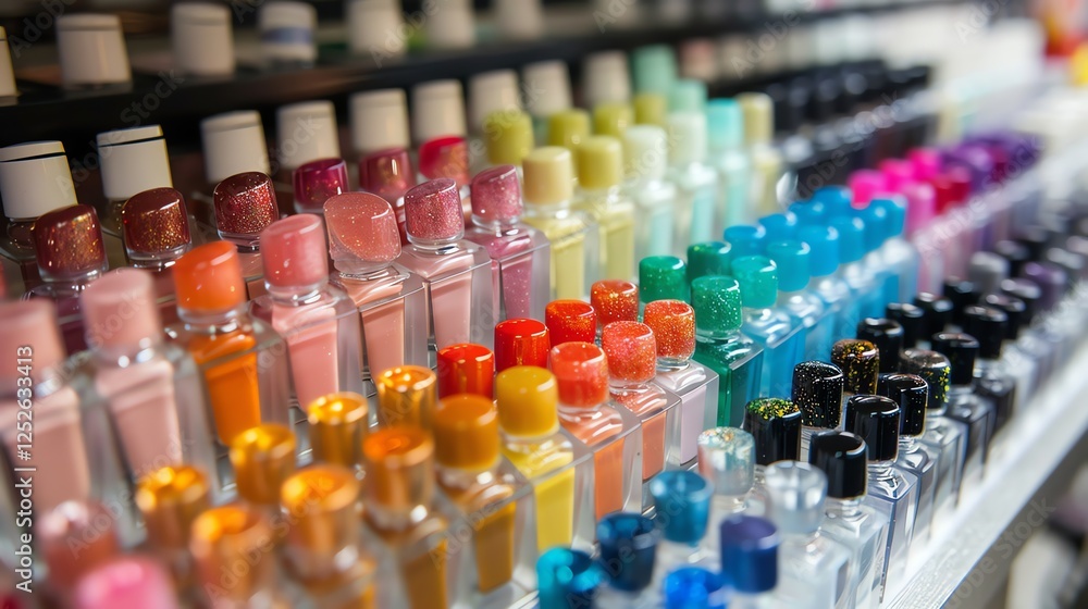 A display of colorful nail polish bottles in a salon or beauty store. A display of colorful nail polish bottles in a salon or beauty store.
