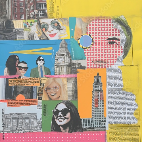 This vibrant collage showcases elements of pop art with bold colors and Ben-Day dots. Iconic imagery merges seamlessly, creating a striking visual narrative reminiscent of comic book style