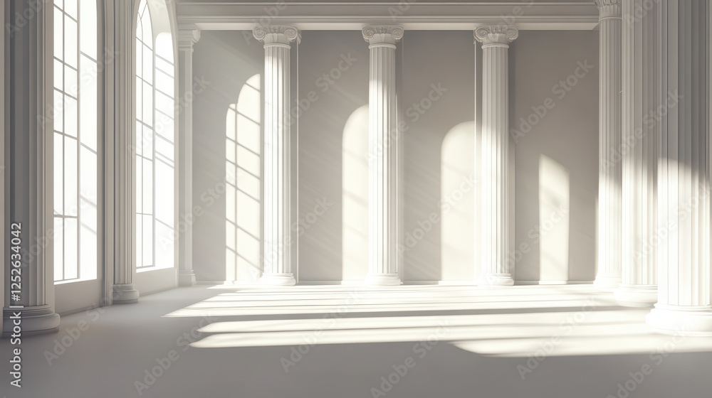 3D rendering of Greek columns on a white background, with soft shadows and diffused light rays 3D rendering of Greek columns on a white background, with soft shadows and diffused light rays