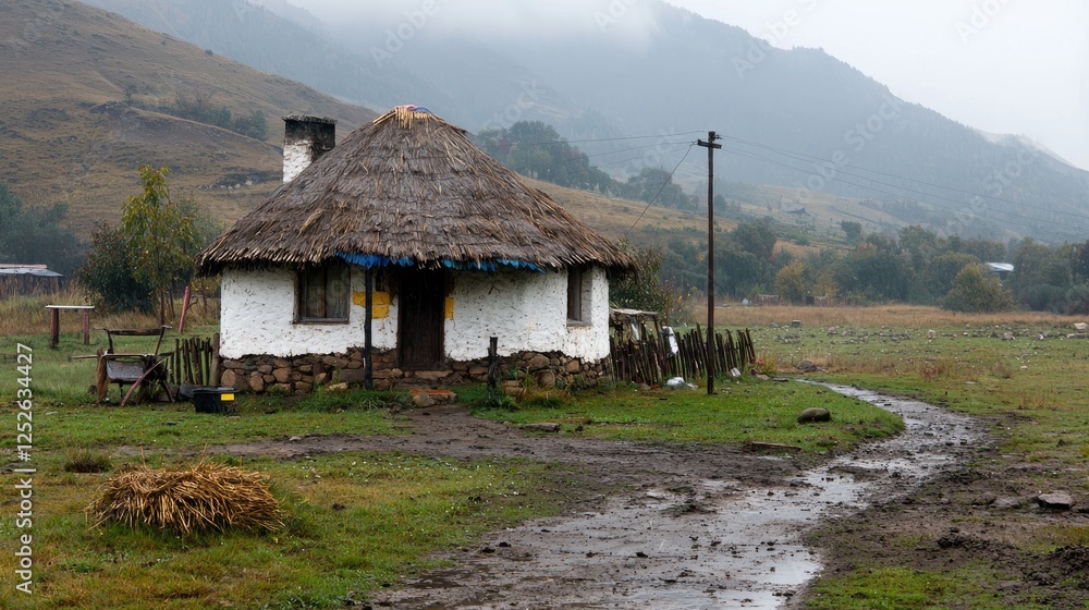 Rustic thatched-roof home in a misty mountain valley. Possible use Stock photography for travel, culture, or rural living Rustic thatched-roof home in a misty mountain valley. Possible use Stock photography for travel, culture, or rural living