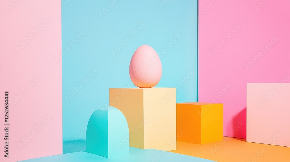 Pastel Geometric Composition with Egg on Colorful Blocks Displayed in Minimalist Setting Pastel Geometric Composition with Egg on Colorful Blocks Displayed in Minimalist Setting