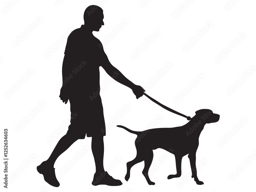 Man walking with dog vector silhouette Vector Illustration White background Man walking with dog vector silhouette Vector Illustration White background