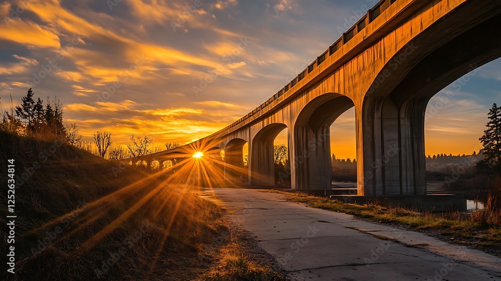 Fototapeta premium Majestic bridge at sunset with sunbeams illuminate the scene For Serene nature Concept.