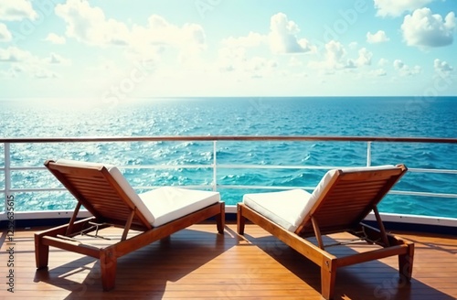 On the deck of a luxury cruise ship sailing in the Caribbean Sea are three lounge chairs with a picturesque views of the ocean..