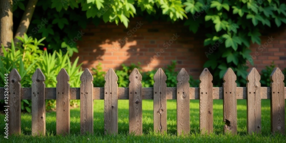 Fototapeta premium Rustic wooden picket fence in a garden setting with lush green foliage and a brick wall backdrop offering a tranquil and peaceful scene