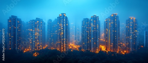 Night city skyline, misty skyscrapers.
