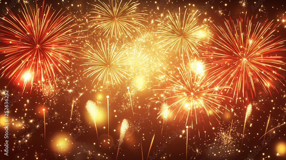 Fototapeta premium Festive fireworks display with red and gold bursts against a dark night sky.
