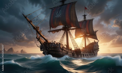 Old galleon struggling to stay afloat in turbulent waters, turbulent waters, marinerless, stormy night