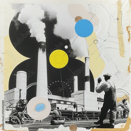 Collage captures industrial revolution era with factories emitting smoke, workers in overalls, and detailed diagrams of machinery. Gritty textures enhance the historical atmosphere