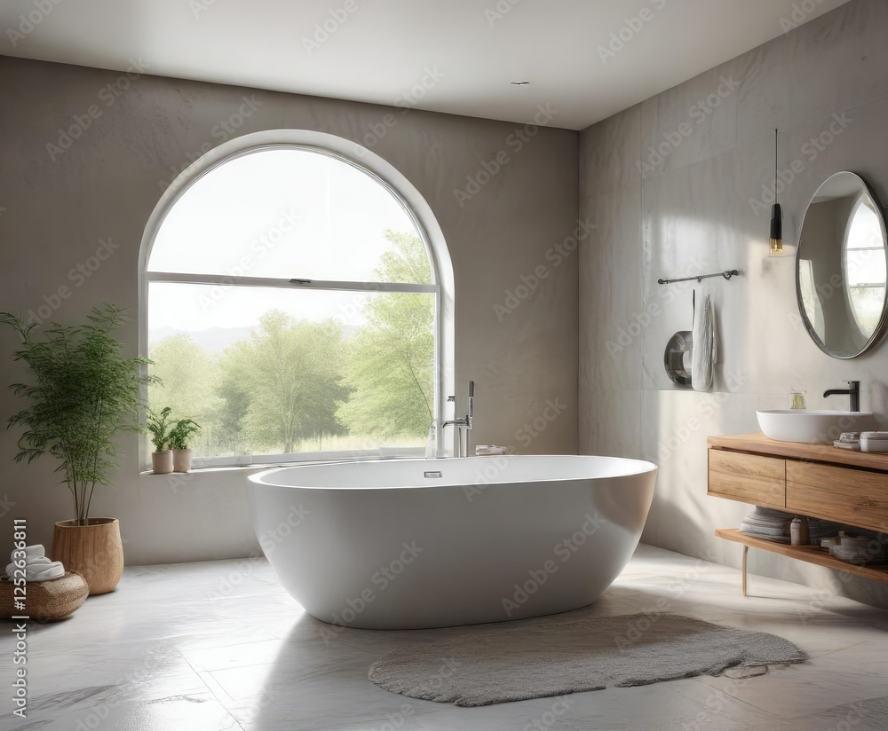 Oval bathtub in a minimalist bathroom with a large window that lets in plenty of natural light, oval shape, soft focus, natural light Oval bathtub in a minimalist bathroom with a large window that lets in plenty of natural light, oval shape, soft focus, natural light