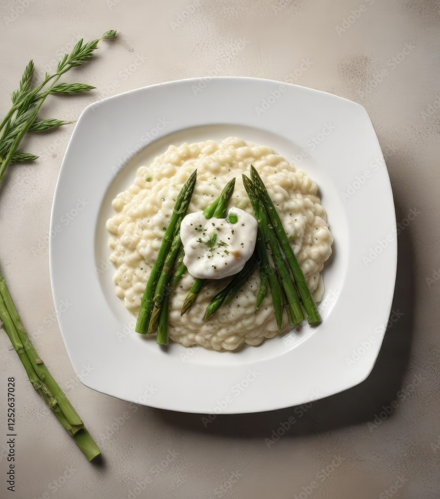 Overhead view of white risotto plate with asparagus, vegetarian recipe, culinary masterpiece, fine dining experience, food plating Overhead view of white risotto plate with asparagus, vegetarian recipe, culinary masterpiece, fine dining experience, food plating